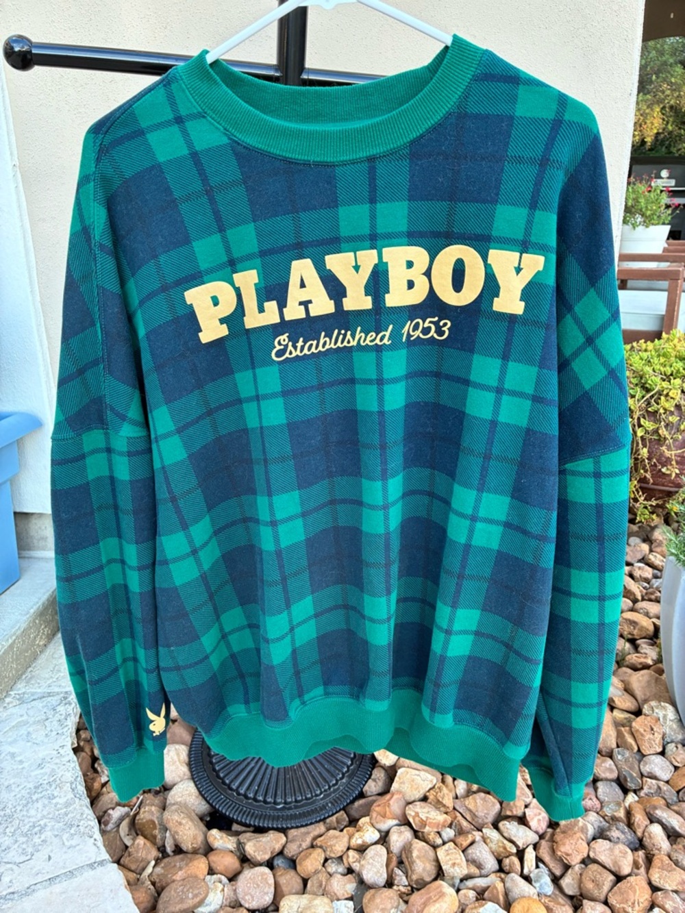 PLAYBOY by PACSUN Green Plaid Crewneck Sweatshirt - PLAYBOY Size S